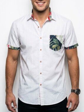Craft + Flow Voyage Mens Medium White Button Up Shirt Tropical Palm Leaf Pocket